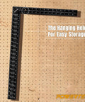 Must Have Pro Grade 16 By 24 Steel Framing Square With Rafter Tables For Woodworking And Construction hanging on pegboard