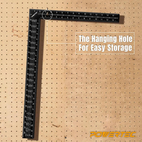 Must Have Pro Grade 16 By 24 Steel Framing Square With Rafter Tables For Woodworking And Construction hanging on pegboard