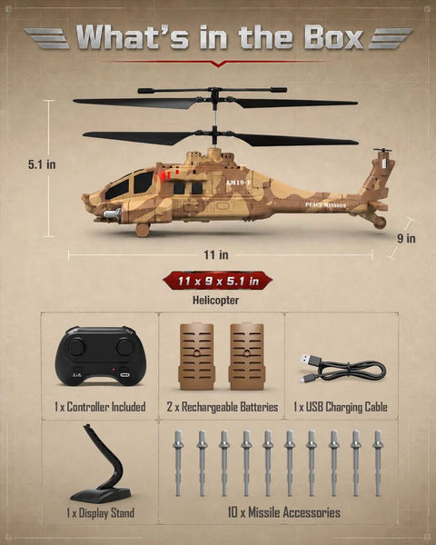 Missile Launch RC Helicopter With 10 Reusable Missiles LED Lights Altitude Hold One Key Takeoff 2.4GHz Remote Control Army Helicopter Toy For Kids Military Battle Drone Gift Brown shown with accessories including remote, batteries, USB cable, and display stand in box.