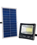 100W Solar Flood Light With Remote Control Dusk To Dawn Outdoor Lamp 324 LEDs 5000 Lumen Brightness next to solar panel