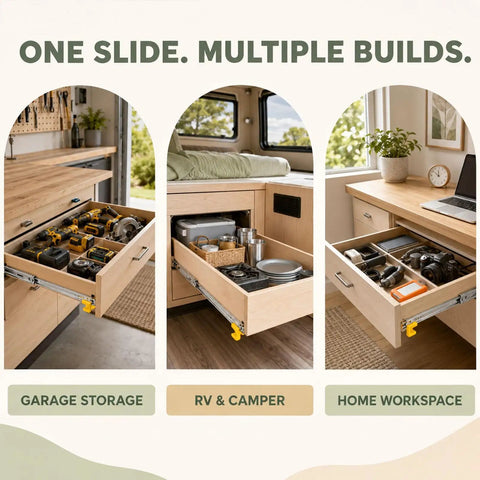 Beefy Heavy Duty Drawer Slides 500 Lb Capacity Full Extension Runners With Lock For Cabinets And Tool Chests Built From Tough Steel Smooth Quiet Glide Industrial Grade Ball Bearings in garage, RV, and desk drawers