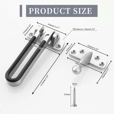 Heavy Duty Swing Bar Door Lock With Latch Guard For Inward Swing Doors, Brushed zinc alloy, rustproof, weather resistant, product size diagram