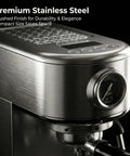Pro Grade Espresso Machine With Milk Frother And Cappuccino Maker For Home Baristas Adjustable Temperature And Cup Size Built In Display Pressure Gauge Stainless Steel Body, close-up view.