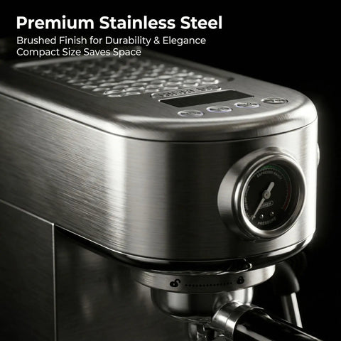 Pro Grade Espresso Machine With Milk Frother And Cappuccino Maker For Home Baristas Adjustable Temperature And Cup Size Built In Display Pressure Gauge Stainless Steel Body, close-up view.