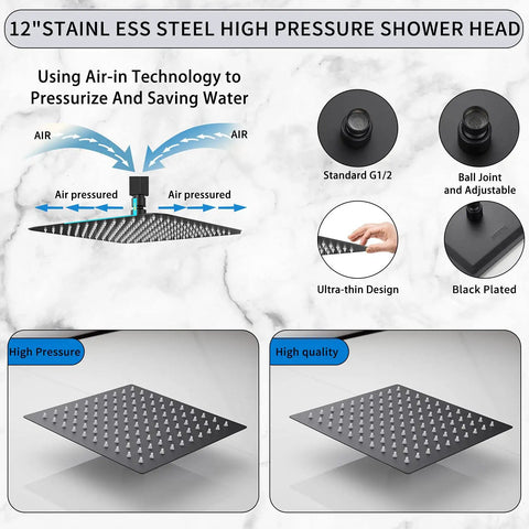 Diagram of Matte Black Rain Shower Head With 12 Inch Square Head And 16 Inch Extension Arm showing components and features.