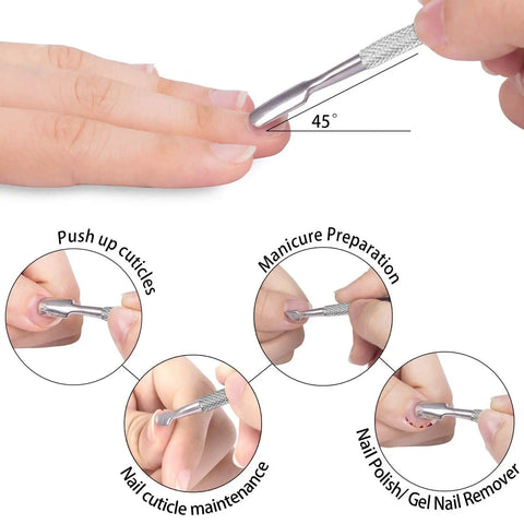 Pro Grade Cuticle Trimmer With Pusher And Cutter showing cuticle pushing at a 45-degree angle, close-up view