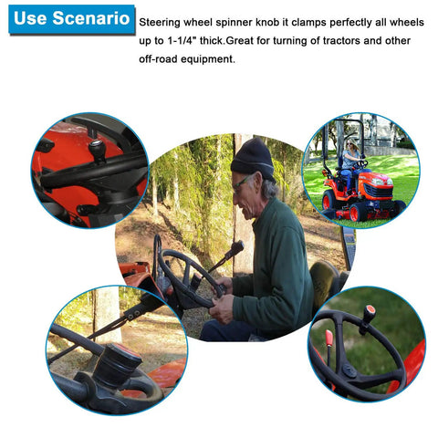 Man using Universal Go-To Steering Wheel Spinner Knob For Kubota Tractors Black Polyurethane 1.25 Inch Shaft in various tractor scenarios.