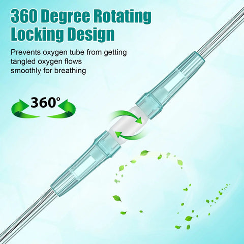 Oxygen tubing swivel connector, clear plastic with teal accents, 360° rotation to prevent tangles.