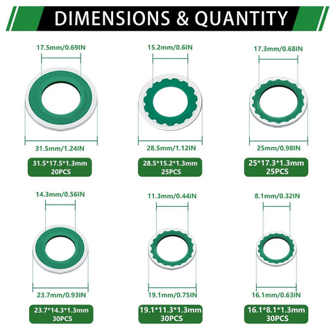 AC Compressor Seal Washers Kit 160 Piece Assortment With 6 Sizes For Automotive AC System Port Bonded Gasket Set dimensions