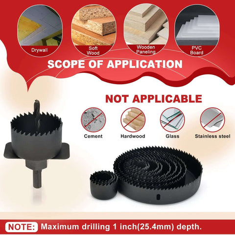 ANGELSWORD 24-piece hole saw kit with spiral blades and arbor, black steel, for drywall, soft wood, plywood, PVC