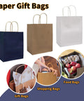 50 Pack Go-To Brown Kraft Paper Bags With Handles 8x4.25x10.5 Inches Heavy-Duty Gift Bags shown in different colors and uses