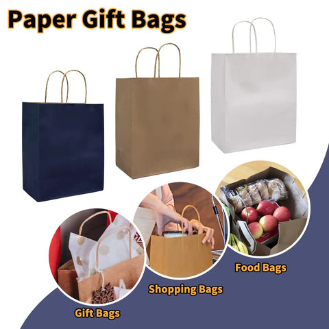 50 Pack Go-To Brown Kraft Paper Bags With Handles 8x4.25x10.5 Inches Heavy-Duty Gift Bags shown in different colors and uses