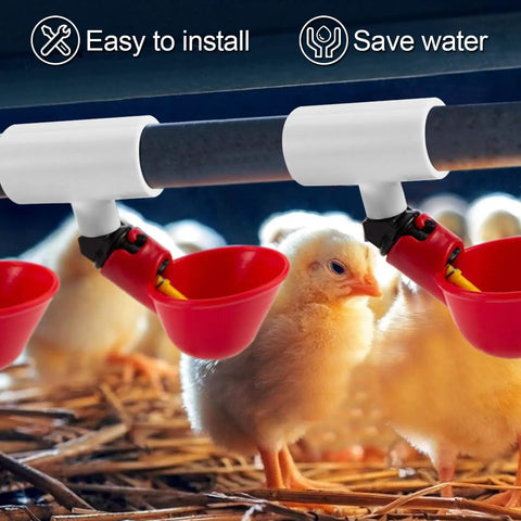 Twelve Piece Automatic Chicken Waterer Pvc Pipe Tee Fitting Kit For Large Coop Heavy Duty Leakproof Threading with red drinkers and chicks.