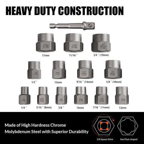 Heavy Duty 13-Piece Bolt Extractor Kit With Three Eighths Inch Adapter For Stripped Lug Nuts Rusted Bolts And Damaged Screws Easy Out Set