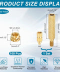 Product size display of 100 pcs heat set threaded inserts with soldering iron tip press tool M3 x 3mm height by 5mm outer diameter brass knurled nuts for 3D printing plastic parts.