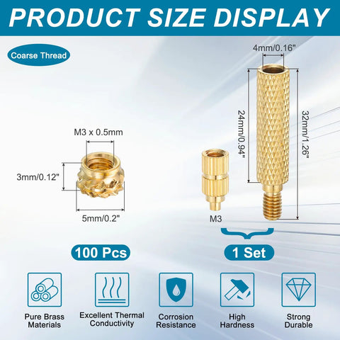 Product size display of 100 pcs heat set threaded inserts with soldering iron tip press tool M3 x 3mm height by 5mm outer diameter brass knurled nuts for 3D printing plastic parts.