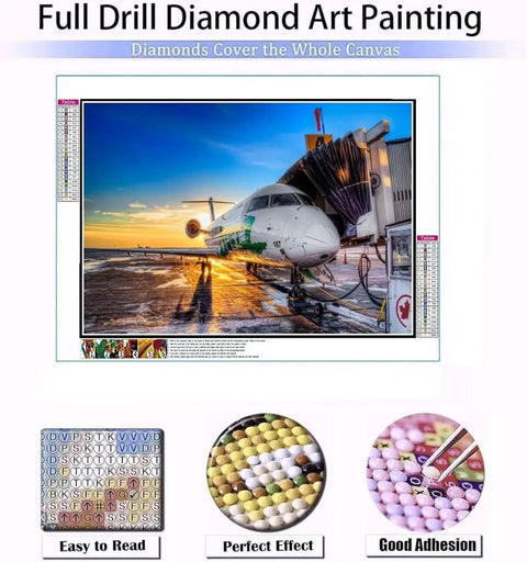 Diamond Painting Kit For Adults 5D Crystal Diamonds Art With Tools And Accessories, DIY Craft For Home Decor Gift, airplane scene