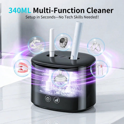 Heavy Duty 50kHz Ultrasonic Cleaner For Retainers Braces Aligners Night Guards And More With Four UV Lamps 340ml Rechargeable Denture Cleaner For Jewelry And Toothbrushes Delivers Deep Clean With No Hassle on countertop