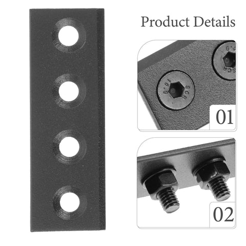Heavy Duty Sliding Barn Door Hardware Connector Track Bracket Set For Strong Rail Support Easy Install Black Finish Versatile For Any Barn Door Durable Build DIY And Pro Install Sleek Modern Look, showing front view of metal bracket with holes.