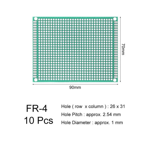 Double Sided 7x9cm PCB Prototyping Board 10-Pack For DIY Electronics Soldering, showing 26x31 holes with dimensions 70x90mm