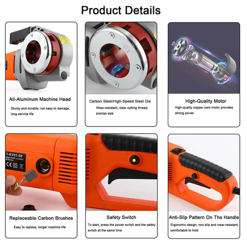 Boss Level Electric Pipe Threader Set Featuring A Raw 2300W Copper Motor And Snazzy Portable Tapping Machine Loaded With Six Killer Dies Sized Half To Two Inches For Galvanized Iron Jobs That Go Off Without A Hitch Today showing features like the aluminum machine head and safety switch.