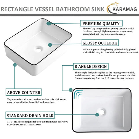White Rectangle Vessel Sink For Bathroom Above Counter Porcelain Ceramic Basin With Black Rim Edge Modern European Inspired Design 18 Inch Exterior Sleek Small Sink Bowl For Bathrooms