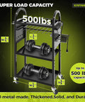 Power Tool Organizer Cart With Charging Station And Battery Charger Mobile Rolling Workshop Cart On Wheels With Locking Swivel Casters Holds Eight Drills Utility Cart With Eight Outlet Power Strip For Garage Storage, side view showing 500 lbs capacity with metal shelves and dumbbells.
