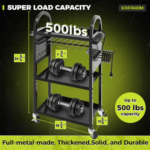 Power Tool Organizer Cart With Charging Station And Battery Charger Mobile Rolling Workshop Cart On Wheels With Locking Swivel Casters Holds Eight Drills Utility Cart With Eight Outlet Power Strip For Garage Storage, side view showing 500 lbs capacity with metal shelves and dumbbells.