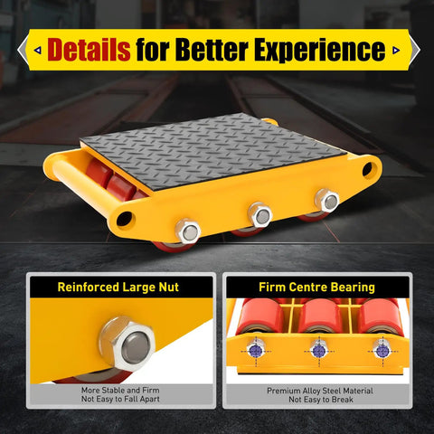Heavy Duty Machine Dolly Skate 15 Ton Capacity Roller Cargo Trolley With Non Slip Belt For Industrial Equipment Relocation yellow platform with reinforced nuts and wheels.