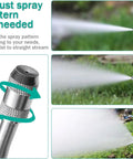 Close-up of All Metal Sprayer Wand Set With Three Nozzle Types, showing mist and stream spray patterns over grass.
