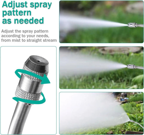 Close-up of All Metal Sprayer Wand Set With Three Nozzle Types, showing mist and stream spray patterns over grass.