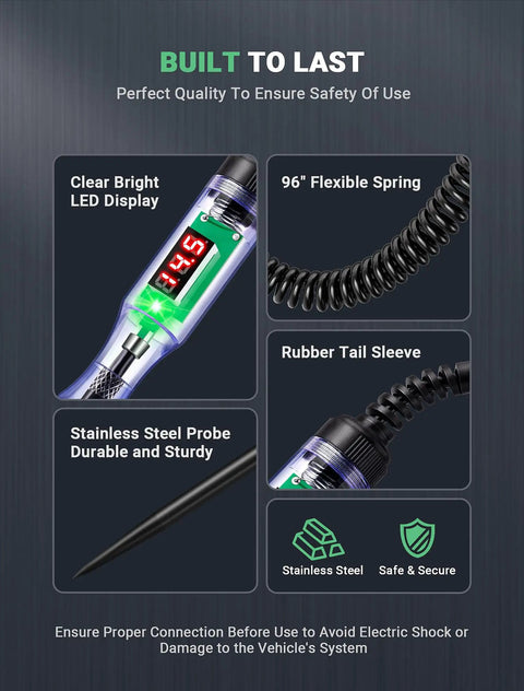 Digital Auto Test Light With 3 to 48V LED Readout and Voltmeter, Polarity Indicator, Stainless Probe, Garage Ready Car Electrical Tester for Fuses and Vehicle Diagnostics close-up