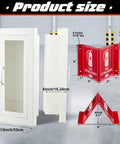 No Sweat Flush Install Heavy Duty Recessed Fire Extinguisher Cabinet Solid Steel Wall Box with dimensions and clear view window.
