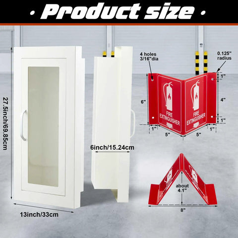 No Sweat Flush Install Heavy Duty Recessed Fire Extinguisher Cabinet Solid Steel Wall Box with dimensions and clear view window.