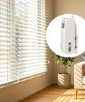 Universal Window Blinds Cord Tensioner Kit For Smooth Pulls And Tight Safety Grip Includes Durable Rubber Pad And Mounting Screws For Zero Hassle Wall Install Today, showing white tensioner on blinds.