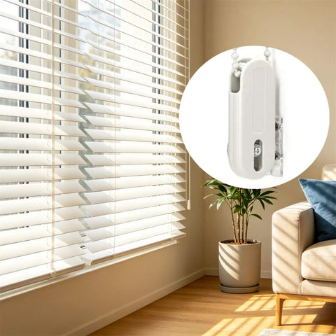 Universal Window Blinds Cord Tensioner Kit For Smooth Pulls And Tight Safety Grip Includes Durable Rubber Pad And Mounting Screws For Zero Hassle Wall Install Today, showing white tensioner on blinds.