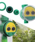 Automatic Sprinkler Timer With Rain Delay And Manual Watering, Smart Garden Irrigation Controller with green hose fittings.