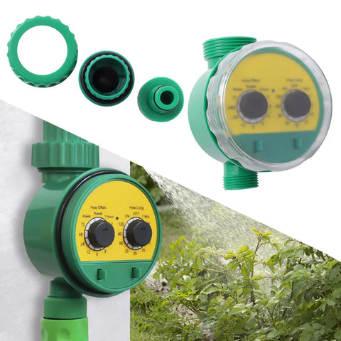 Automatic Sprinkler Timer With Rain Delay And Manual Watering, Smart Garden Irrigation Controller with green hose fittings.