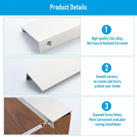 10 Pack Edge Finger Pulls For Cabinets 120mm Total Length With 96mm Hole Center Concealed Drawer Pulls showing zinc alloy and installation details