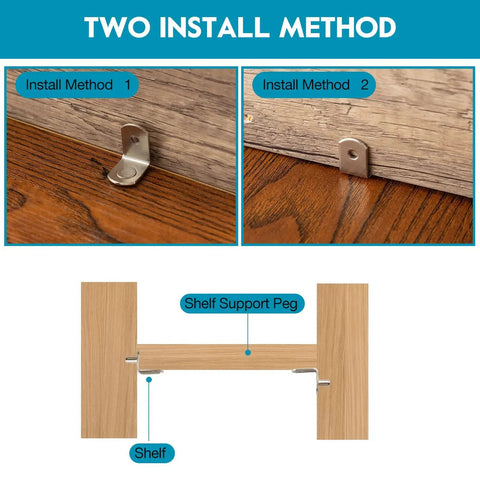 Two install methods displayed for Heavy Duty 3/16 Inch Shelf Pins For Cabinets, demonstrating L shaped metal pegs.