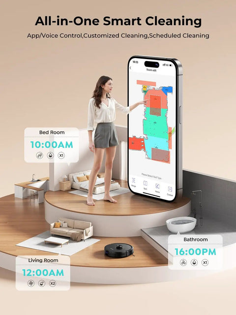 Woman using app for Upgraded Bagless Self Emptying Robot Vacuum And Mop With 6000Pa Suction LiDAR Navigation Smart Mapping Q20 Ultra.