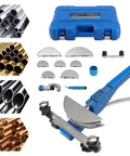 Heavy Duty Manual Pipe Bender For Copper Aluminum And Steel Tubing with cutter and bending forms in a portable case.