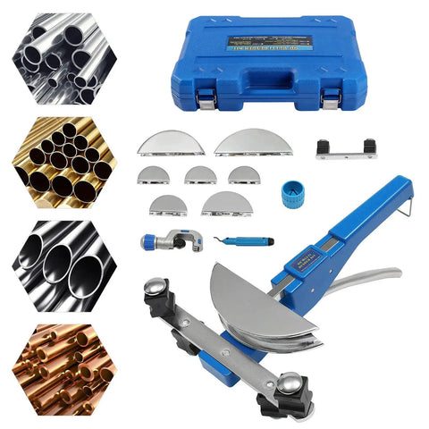 Heavy Duty Manual Pipe Bender For Copper Aluminum And Steel Tubing with cutter and bending forms in a portable case.