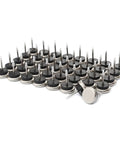 Nail On Furniture Glides For Chairs And Tables 1 Inch Grey 40 Pack Nickel Base Cushioned Nails lined up on white surface