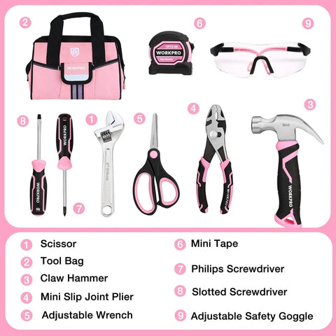 9 Piece Kids Real Hand Tool Set Pink Junior Tool Kit With Storage Bag, including scissor, hammer, pliers for DIY woodworking projects.