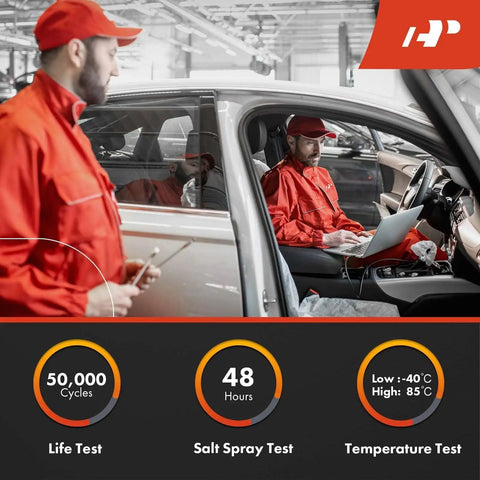Technicians testing a Driver Side Master Power Window Switch for Nissan in a car service center, with test cycle and temperature data displayed.