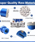 Pro Grade Diamond Core Drill Bit Set For Porcelain Tile Ceramic Marble Brick And Concrete Vacuum Brazed Hole Saw Kit With 25mm 35mm 45mm 65mm 75mm Core Bits 20mm Finger Bits And 50mm Bevel Chamfer Bit For Clean Holes And Crack Free Performance displayed with case and components showing high-grade diamond grit and U shape design