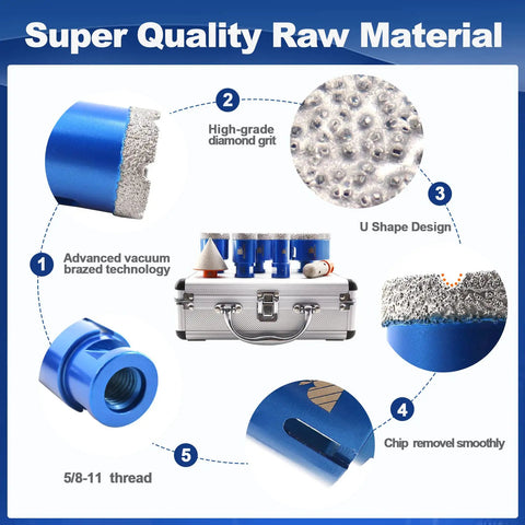 Pro Grade Diamond Core Drill Bit Set For Porcelain Tile Ceramic Marble Brick And Concrete Vacuum Brazed Hole Saw Kit With 25mm 35mm 45mm 65mm 75mm Core Bits 20mm Finger Bits And 50mm Bevel Chamfer Bit For Clean Holes And Crack Free Performance displayed with case and components showing high-grade diamond grit and U shape design
