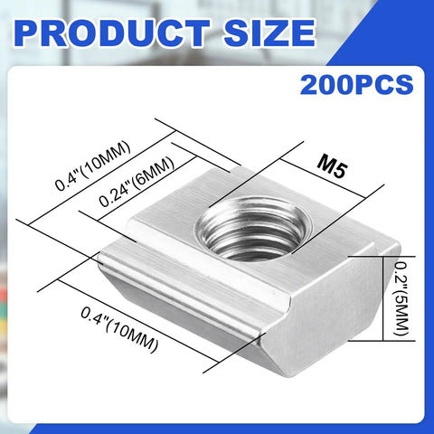 Hella Durable M5 Sliding T Nuts Bulk Pack For 20x20 Aluminum Extrusion Profiles with dimensions, 200 pieces for CNC and 3D printing.