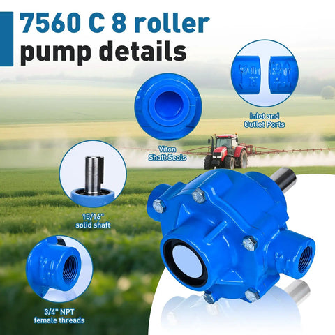 7560C Cast Iron Eight Roller Pump, Tough As Nails Agricultural Water Pump features include shaft seals and NPT threads